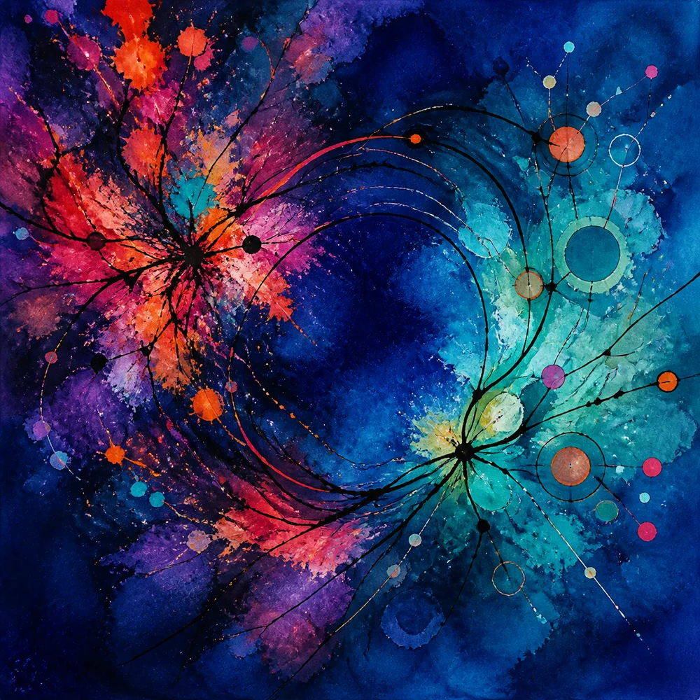 Abstract watercolor painting of branching coral and turquoise feedback paths across deep blue.